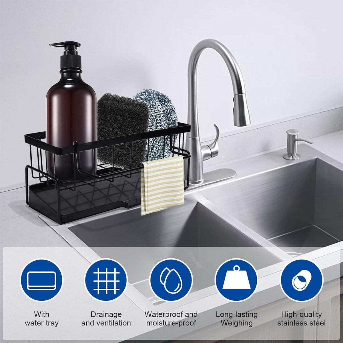 Allecta - Sponge holder and organizer for sink - Draining rack and soap dish with brush holder - Kitchen V1189-WXFBOL-146-1