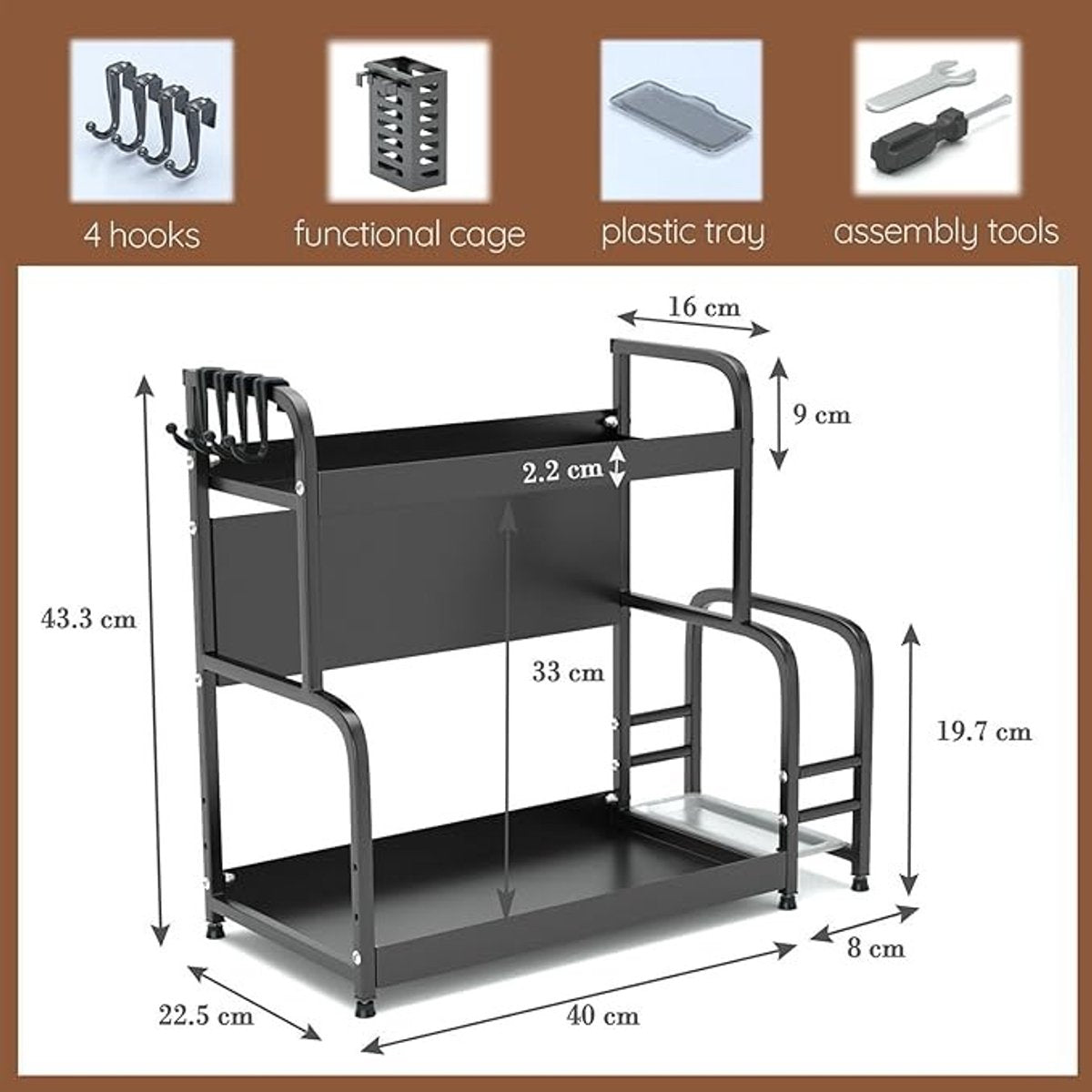 Extendable spice rack with storage accessories - 2 tiers V1189-WXFBOL-44-1