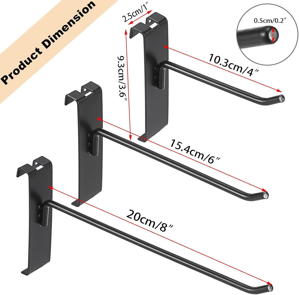 Gridwall Hooks 30 Pieces - 10/15/20cm - Iron - Black - Commercial Quality - Grid Wall Panels Accessory - V1189-WXFBOL-8-1