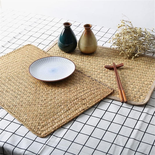 QZS Farmhouse Wicker Placemats,Woven Rattan Place Mat,Rectangular Table Pat,Hand Bamboo Tea Cup Mat,Natural V1189-WXFWAL-20260319-00127