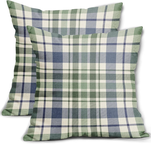 Fall Plaid Pillow Covers 18x18 Set of 2 Burnt Orange Blue Buffalo Plaid Tartan Print Autumn Colored V1189-WXFWAL-20260319-00202