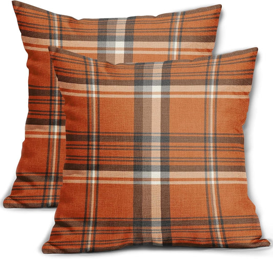 Fall Plaid Pillow Covers 18x18 Set of 2 Burnt Orange Blue Buffalo Plaid Tartan Print Autumn Colored V1189-WXFWAL-20260319-00216