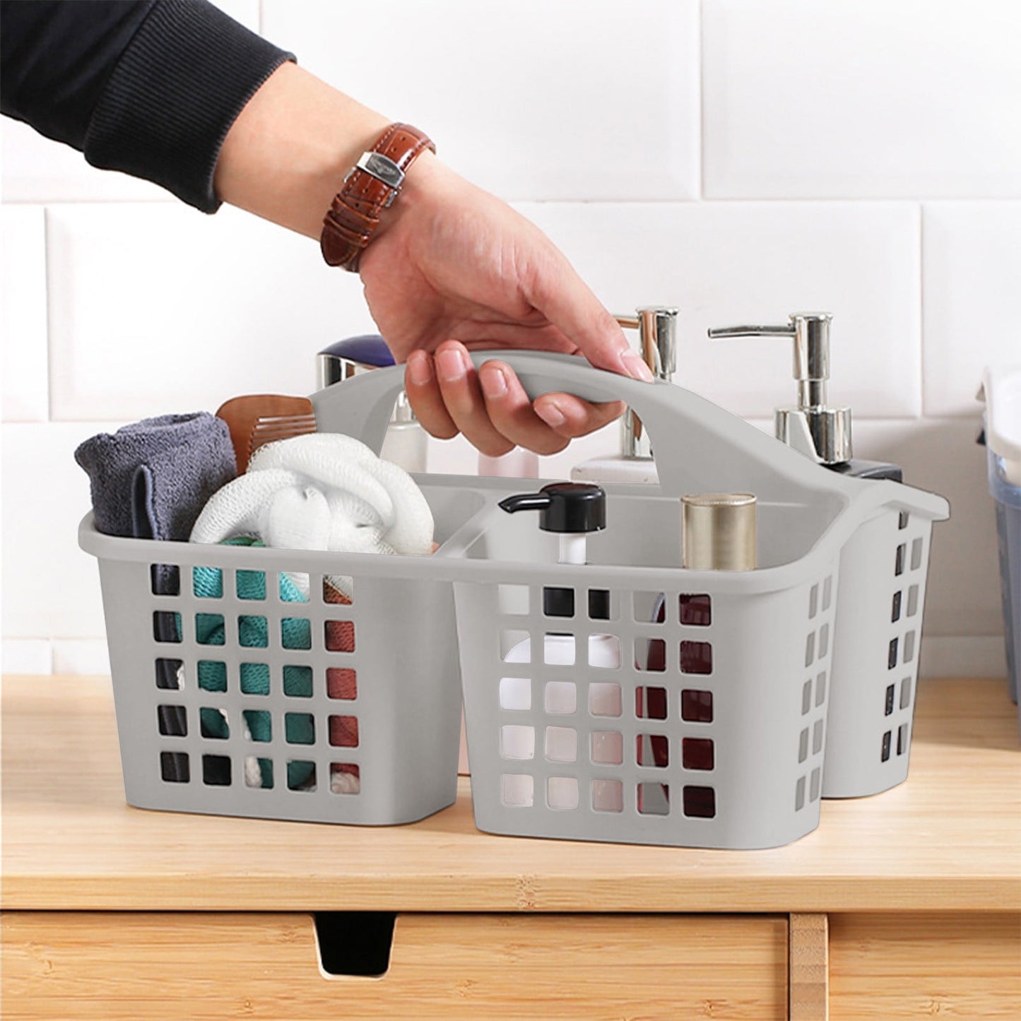 Plastic Storage Divided Tool Bin, 3 Compartments Plastic Shower Caddy Basket, Portable Divided Cleaning V1189-WXFWAL-20260319-00364