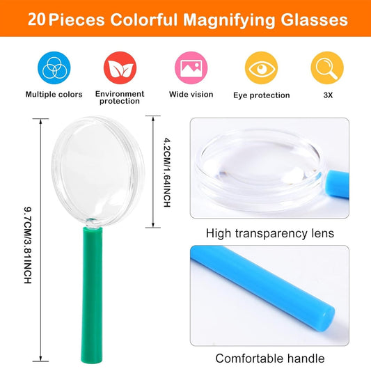 Tutuviw 20 Pcs Mini Plastic Magnifying Glass for Kids,4 Inch Bulk Colorful Hand Lens,Magnifier for Children V1189-WXFWAL-20260319-00430