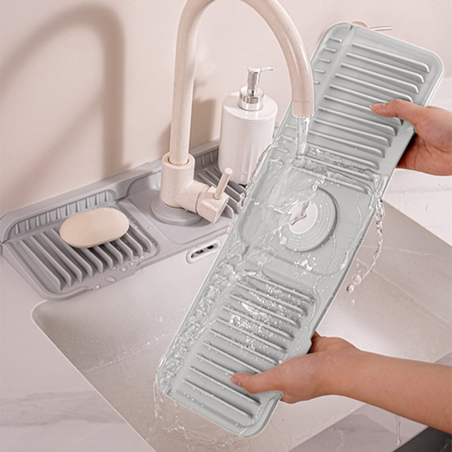 Silicone Sink Splash Guard, Kitchen Sink Accessory with Drip Tray, Button Style Silicone Faucet Drains Mat, V1189-WXFWAL-20260319-00754