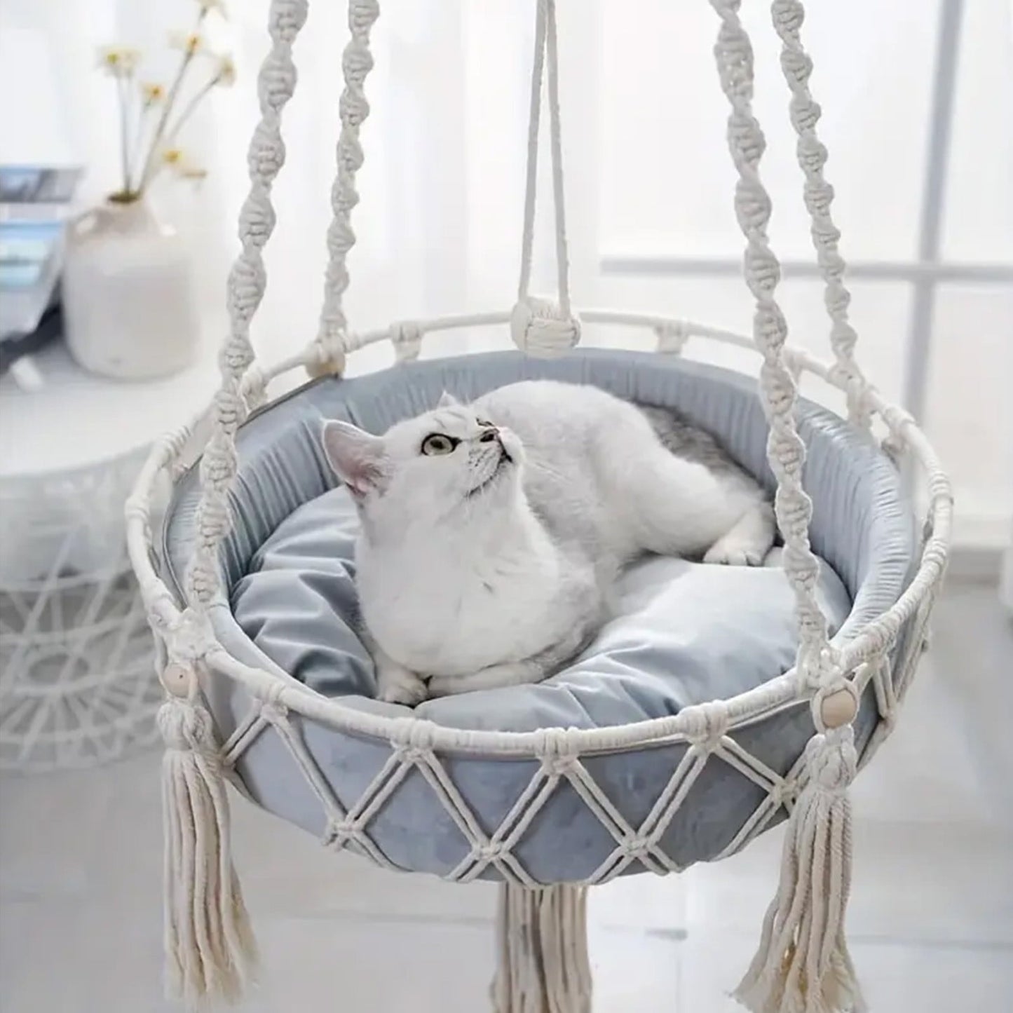 Macrame Cat Hammock, Handwoven Cats Bed, Hanging Indoor Boho Kitten Swing Beds, Hanging Cats Bed, Kitty V1189-WXFWAL-20260319-00784