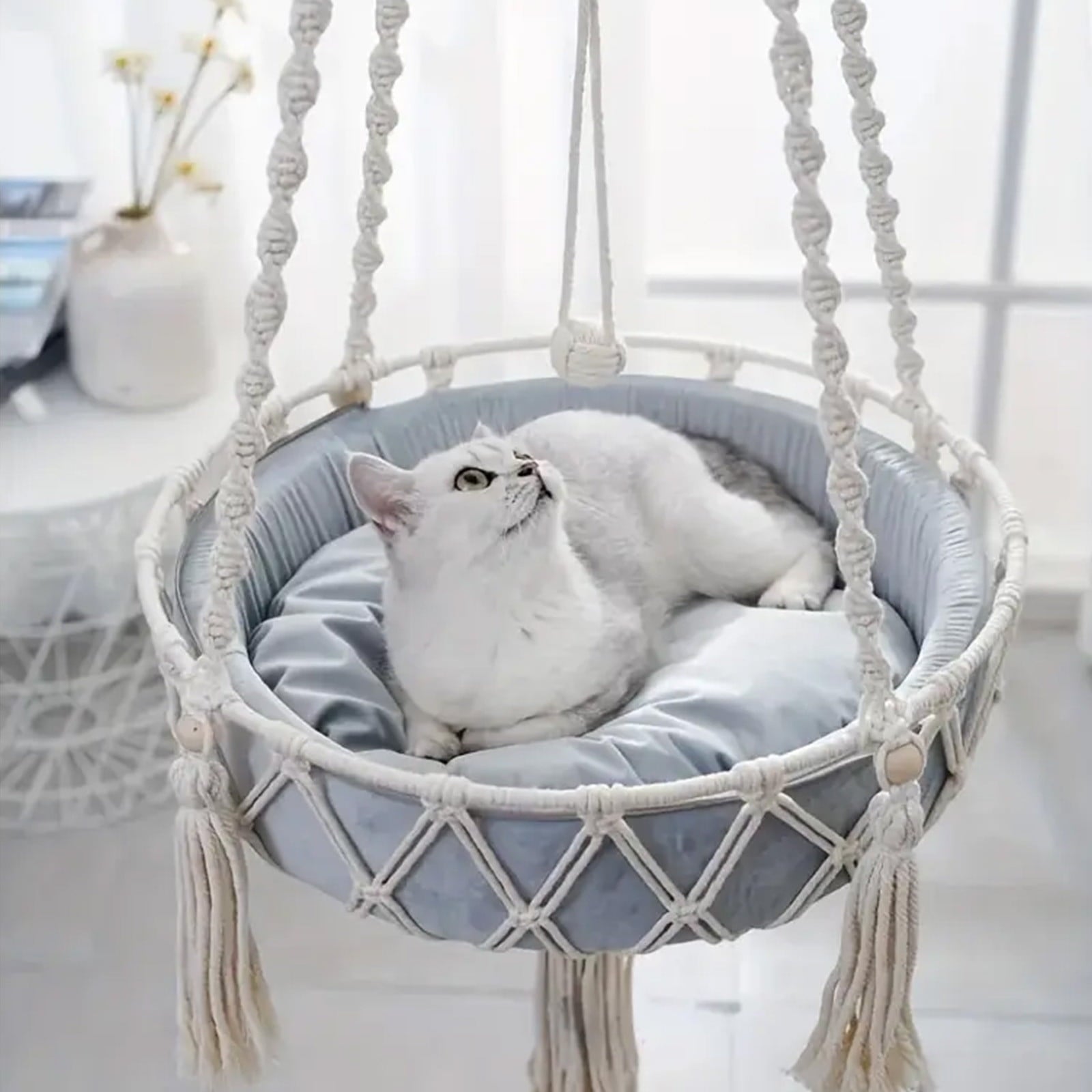 Macrame Cat Hammock, Handwoven Cats Bed, Hanging Indoor Boho Kitten Swing Beds, Hanging Cats Bed, Kitty V1189-WXFWAL-20260319-00784