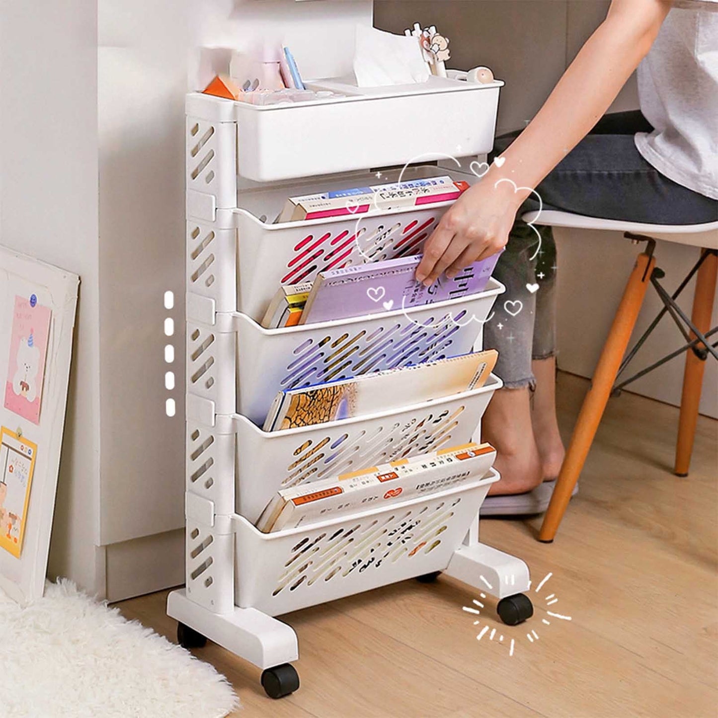 Mobile Bookshelf, Plastic Rolling Organization Shelf, Practical Rotatable for Home, Movable Bookcase with V1189-WXFWAL-20260319-00898