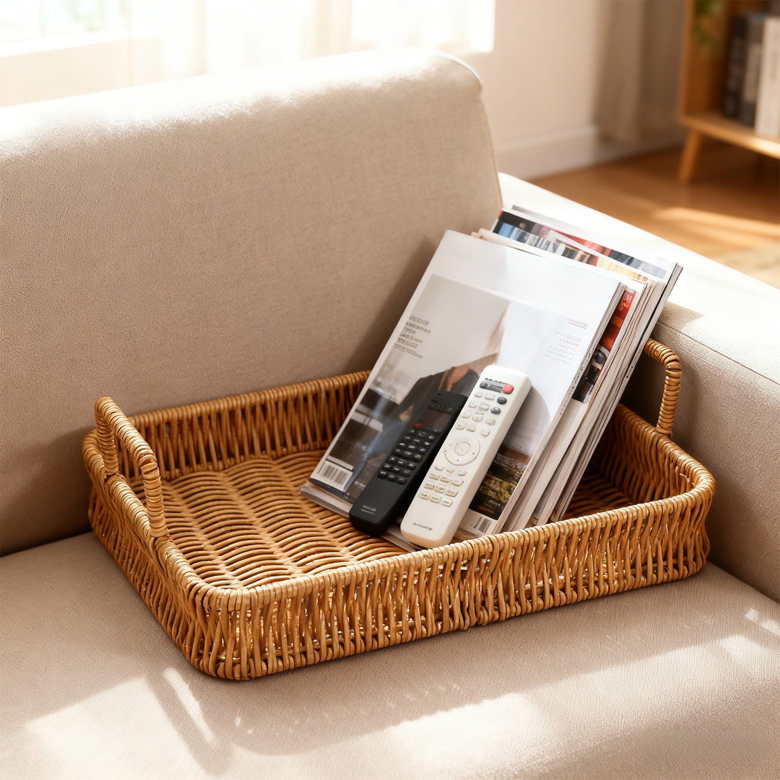 Woven Serving Tray with Handles, Handmade Poly Wicker Tray for Storage Breakfast, Drinks, Fruits, Rectangular V1189-WXFWAL-20260319-00991