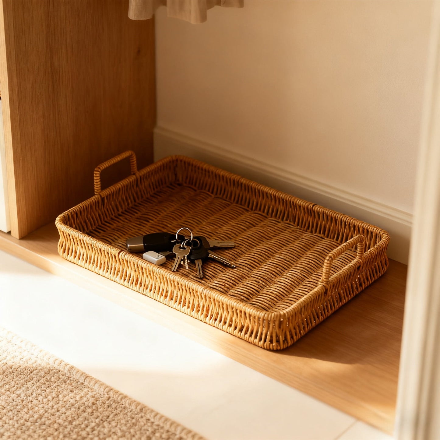 Woven Serving Tray with Handles, Handmade Poly Wicker Tray for Storage Breakfast, Drinks, Fruits, Rectangular V1189-WXFWAL-20260319-00991