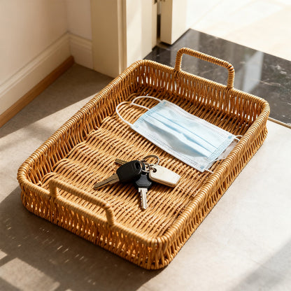 Woven Serving Tray with Handles, Handmade Poly Wicker Tray for Storage Breakfast, Drinks, Fruits, Rectangular V1189-WXFWAL-20260319-00991