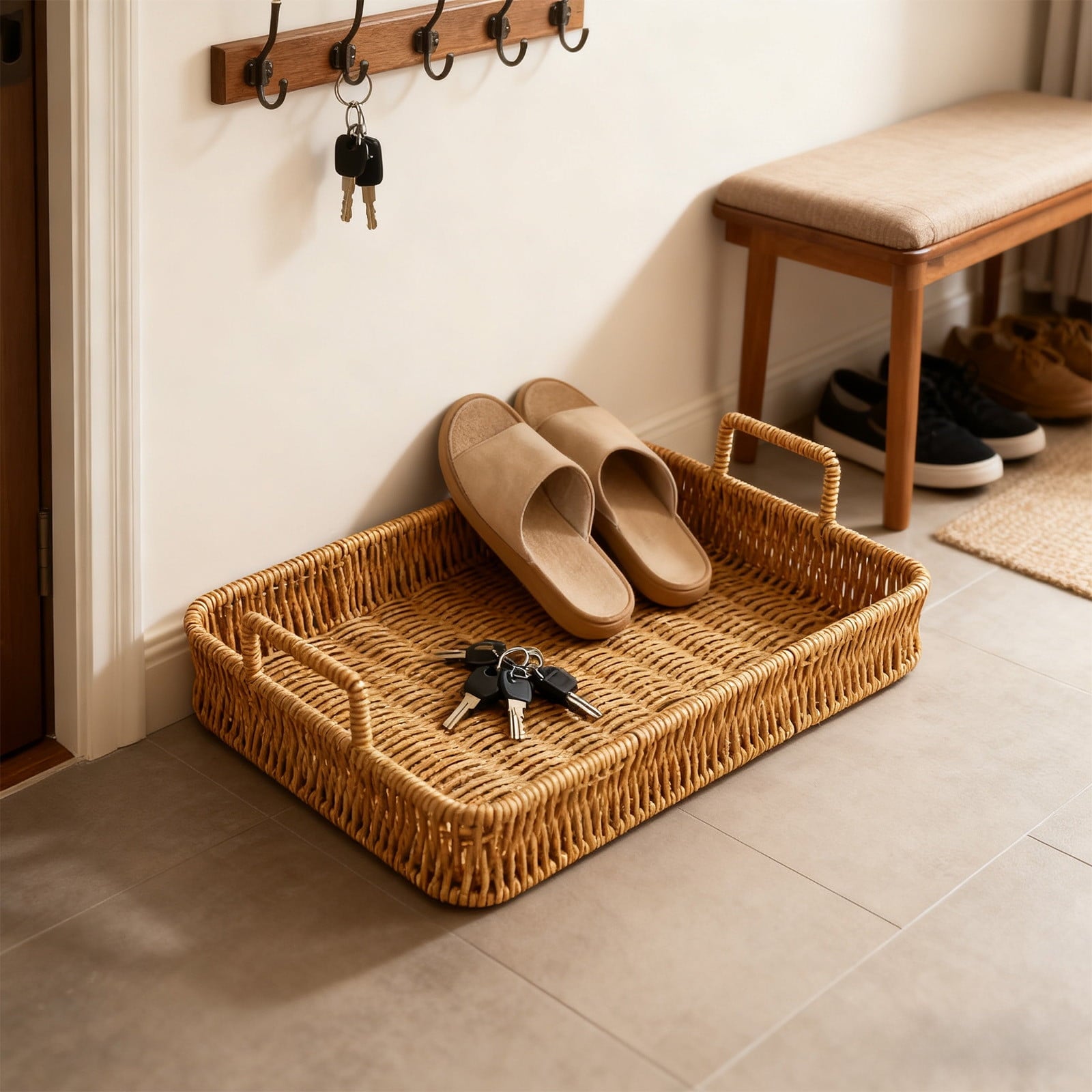 Woven Serving Tray with Handles, Handmade Poly Wicker Tray for Storage Breakfast, Drinks, Fruits, Rectangular V1189-WXFWAL-20260319-00991