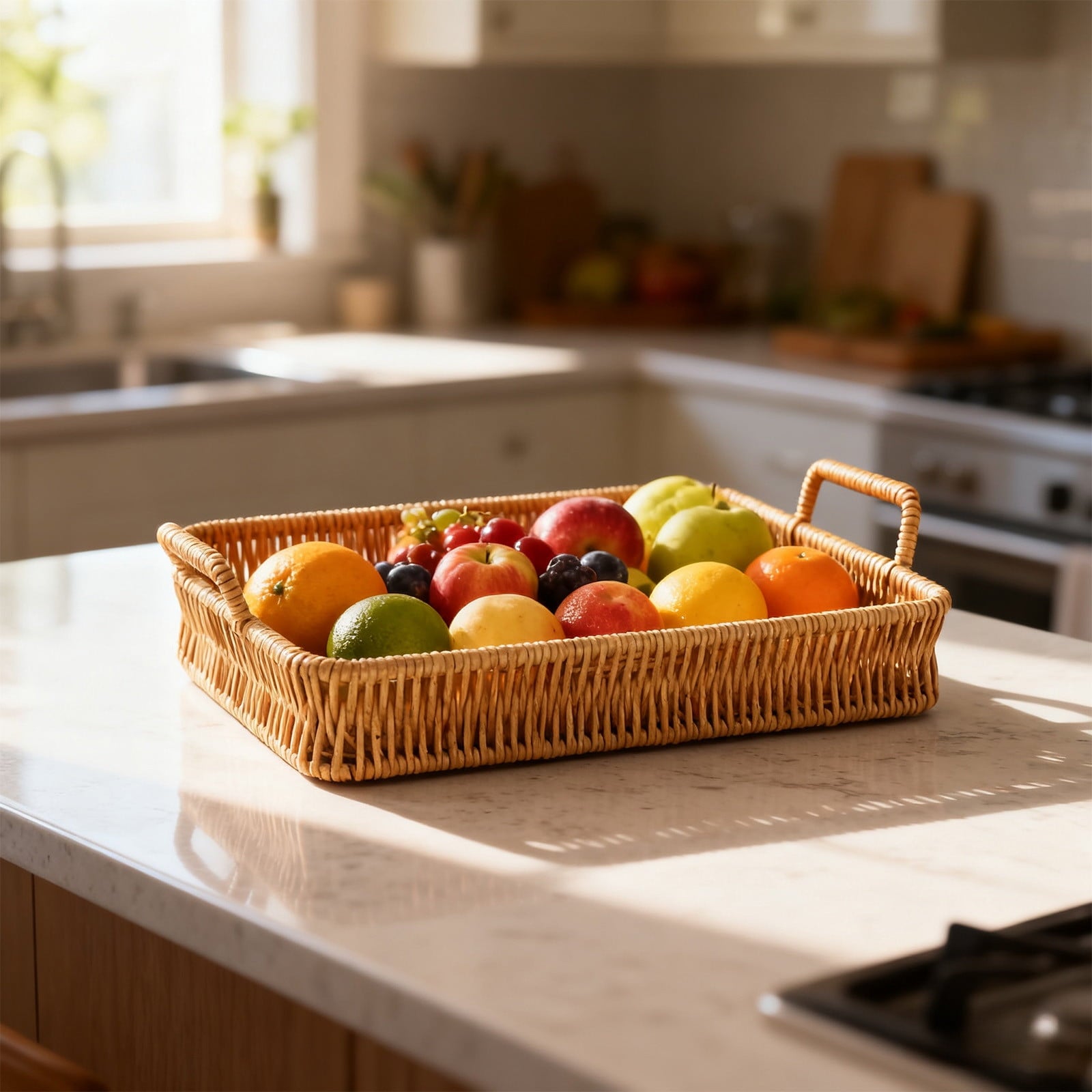 Woven Serving Tray with Handles, Handmade Poly Wicker Tray for Storage Breakfast, Drinks, Fruits, Rectangular V1189-WXFWAL-20260319-00992