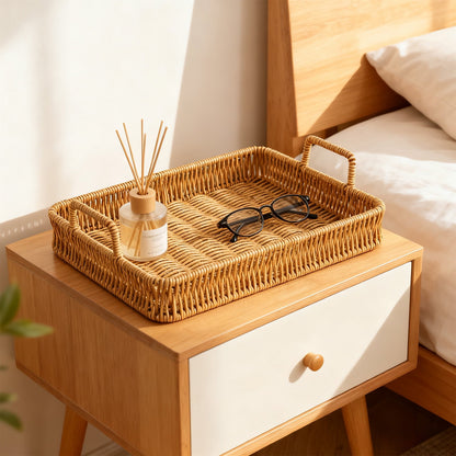Woven Serving Tray with Handles, Handmade Poly Wicker Tray for Storage Breakfast, Drinks, Fruits, Rectangular V1189-WXFWAL-20260319-00992