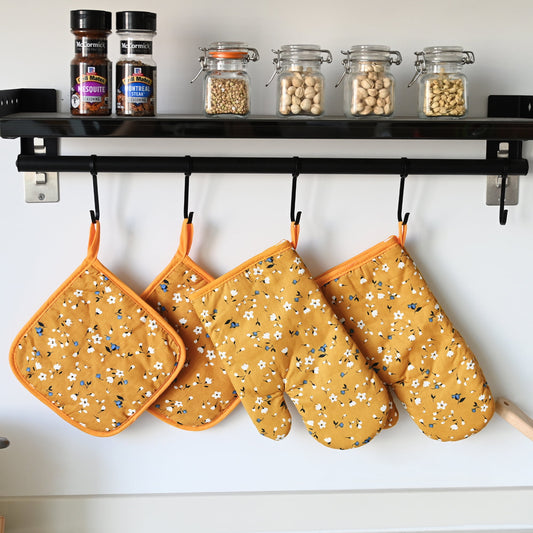 4 Pack Oven Mitts and Pot Holders Set, Heat Resistant Fabric Bake Pot Holders Gloves, Yellow Floral V1189-WXFWAL-20260319-01270