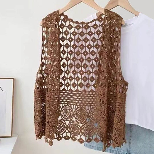 Women Vest Women's Sleeveless Knitted Hollow Vest Retro Crochet Cardigan for Summer Spring Autumn Sleeveless V1189-WXFWAL-20260319-01399