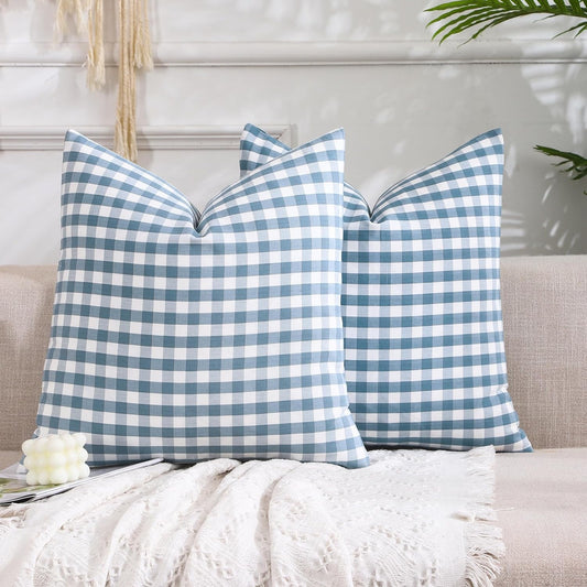 Light Blue Farmhouse Buffalo Plaid Pillow Covers 18x18 Set of 2 Patio Outdoor Decor Neutral Checkered Pillow V1189-WXFWAL-20260319-01563