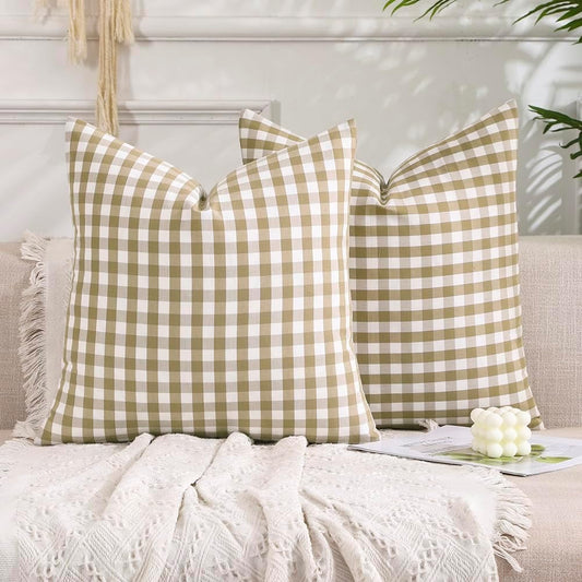 Light Blue Farmhouse Buffalo Plaid Pillow Covers 18x18 Set of 2 Patio Outdoor Decor Neutral Checkered Pillow V1189-WXFWAL-20260319-01568