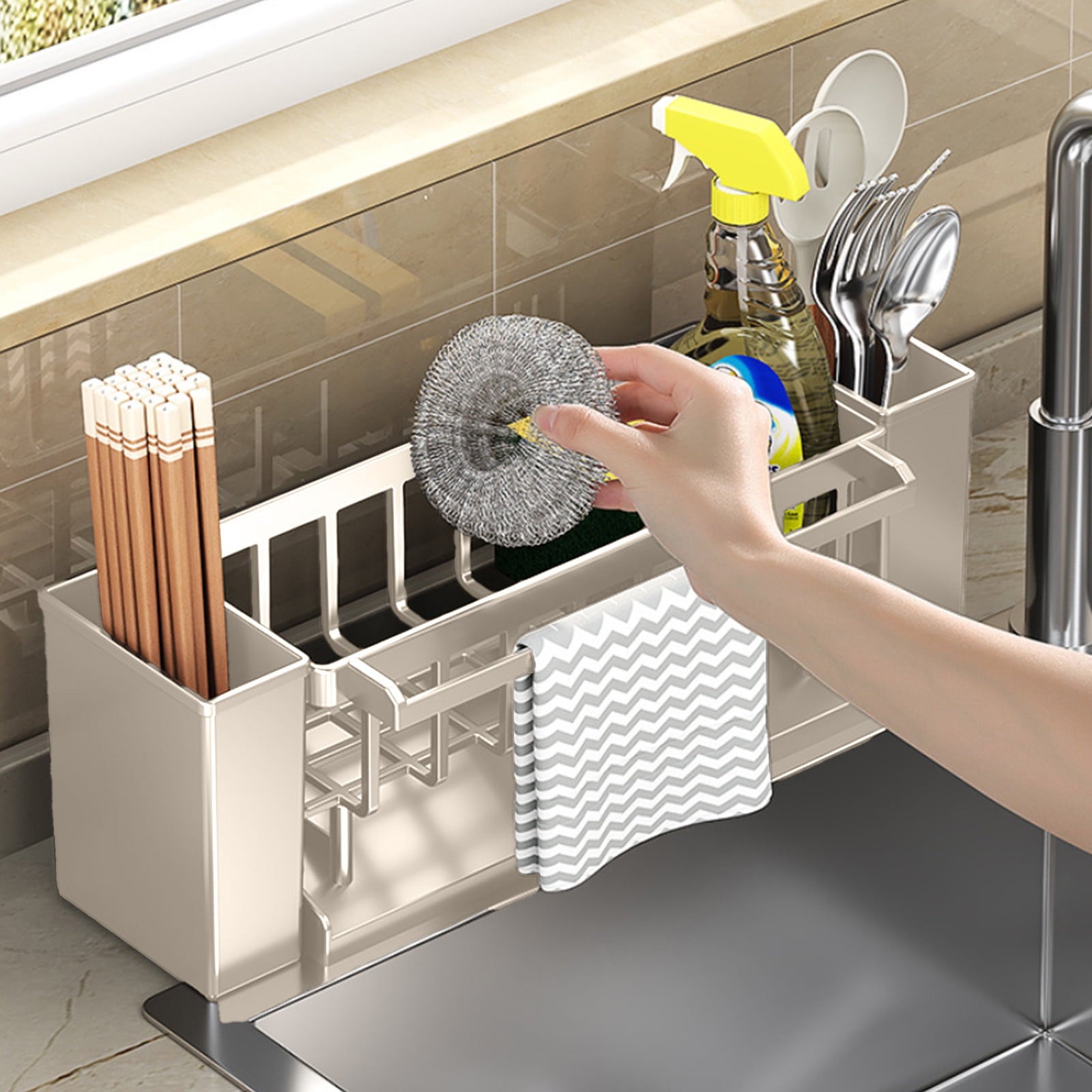 Kdkad Kitchen Sink Sponge Holder, Sponge Holder Kitchen Sink Caddy Organizer with Dish Brush Holder, V1189-WXFWAL-20260326-02093