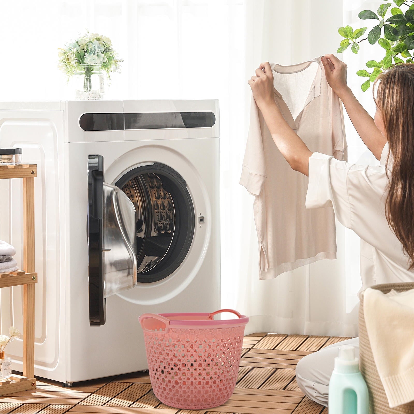HOOWIFFY 1Pcs Portable Laundry Basket Pink Hollow Laundry Management with Handle PP V1189-WXFWAL-20260326-02411