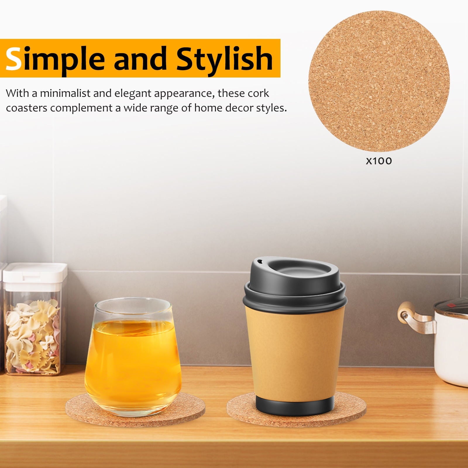 HOOWIFFY Cork Coasters Bulk Cork Coasters For Drinks 100Pcs V1189-WXFWAL-20260326-02413