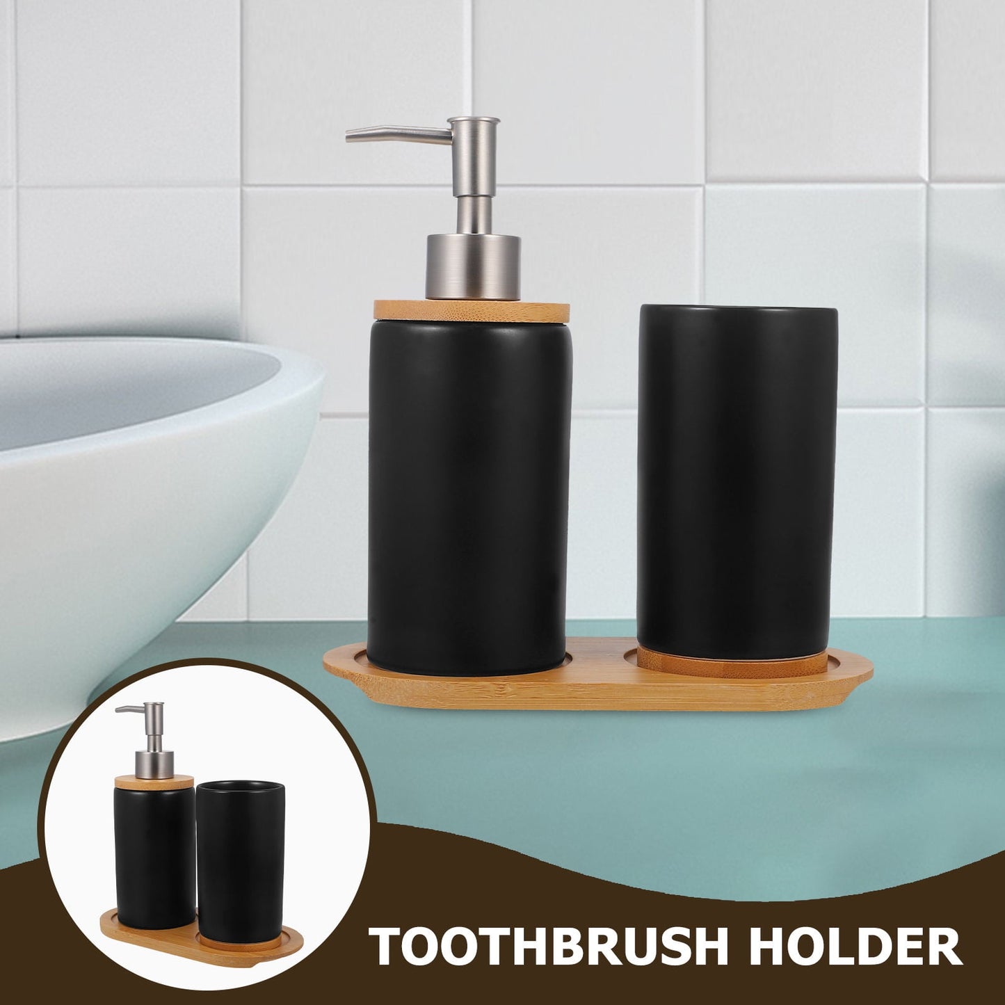 HOOWIFFY 1 Set Black Ceramic Bamboo Bathroom Essentials Toothbrush Holder Soap Dispenser Storage V1189-WXFWAL-20260326-02500