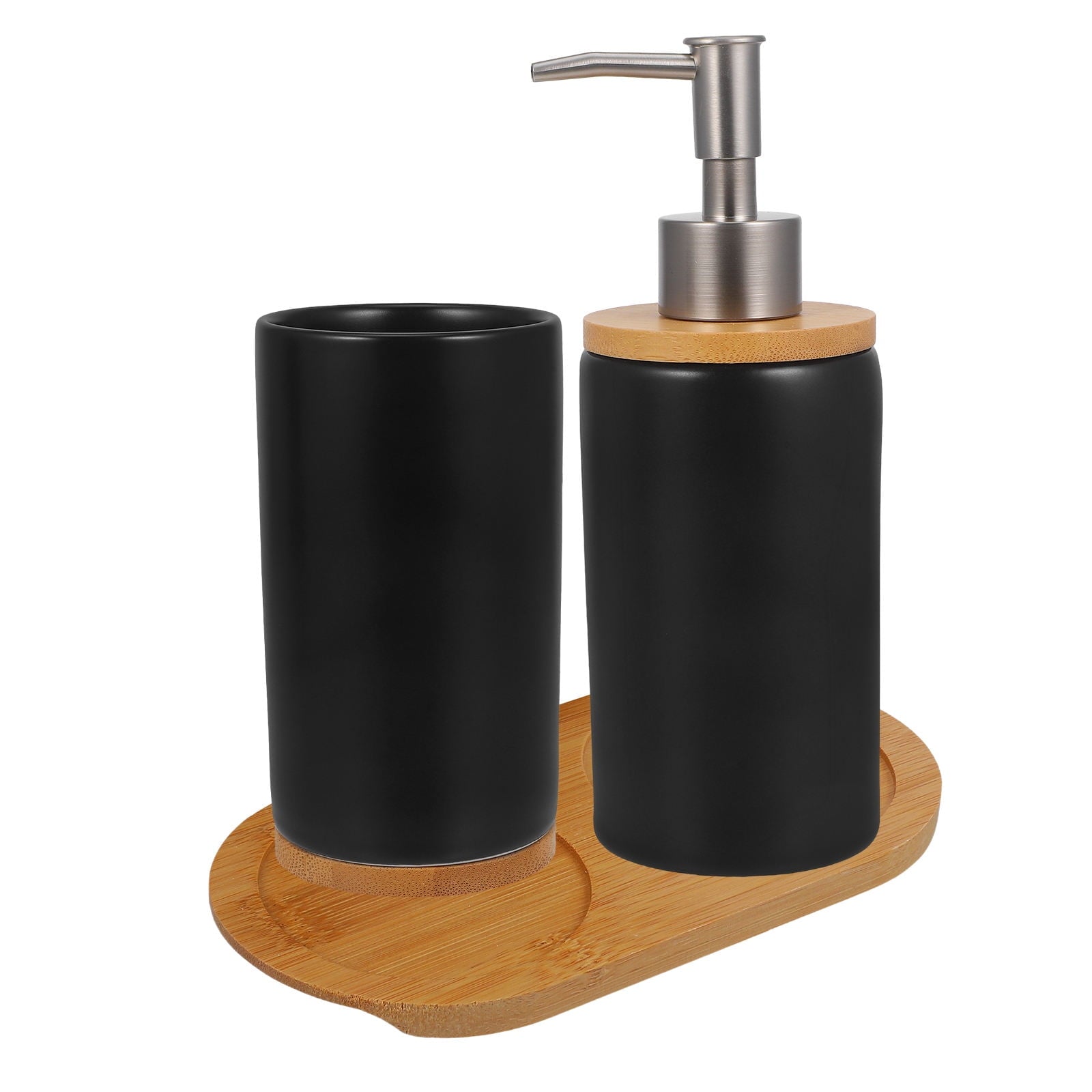 HOOWIFFY 1 Set Black Ceramic Bamboo Bathroom Essentials Toothbrush Holder Soap Dispenser Storage V1189-WXFWAL-20260326-02500