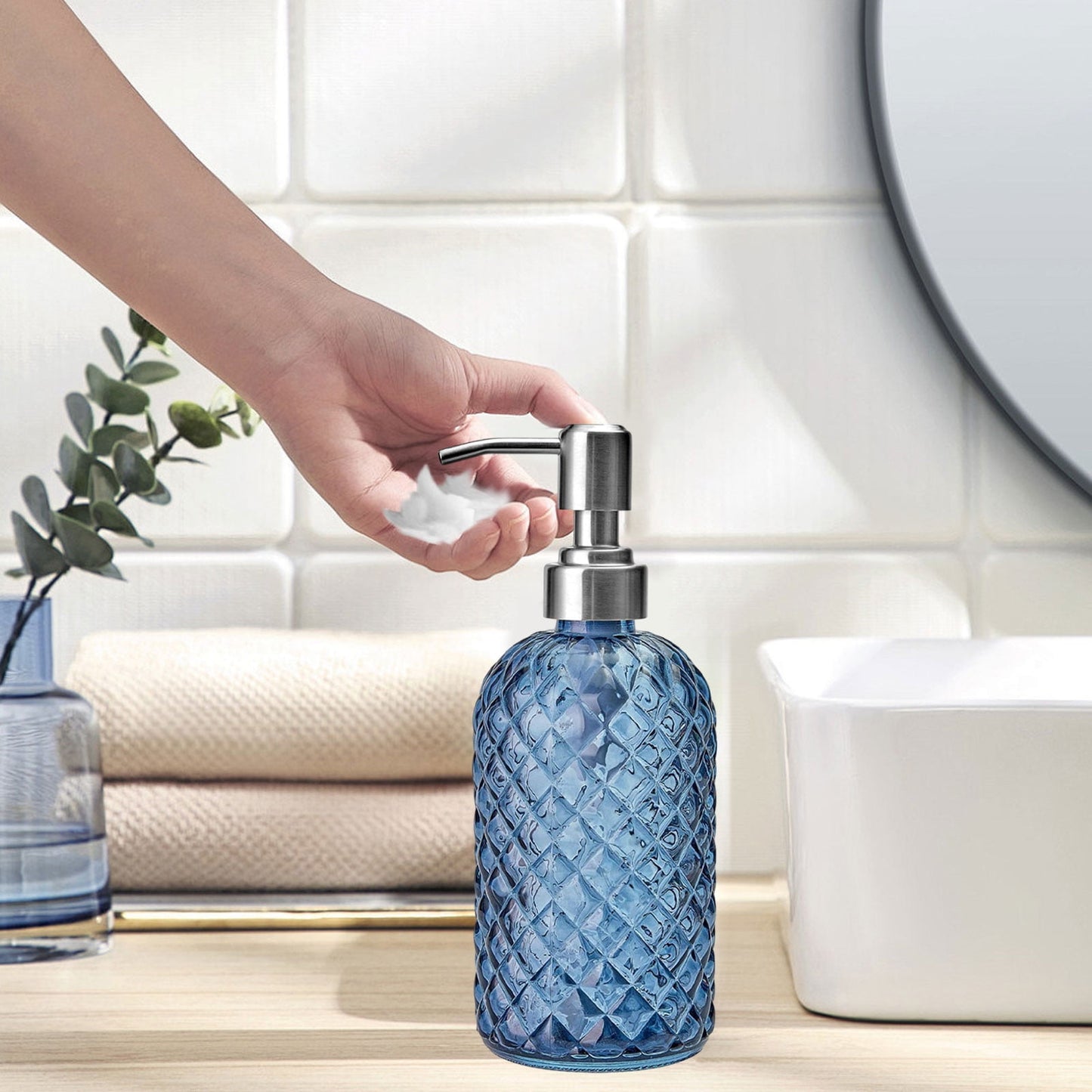 Darzheoy Glass Soap Dispenser 15 Oz for Bathroom Kitchen, Hand Soap/Lotion Dispenser with Plastic Pump Blue V1189-WXFWAL-20260326-02596