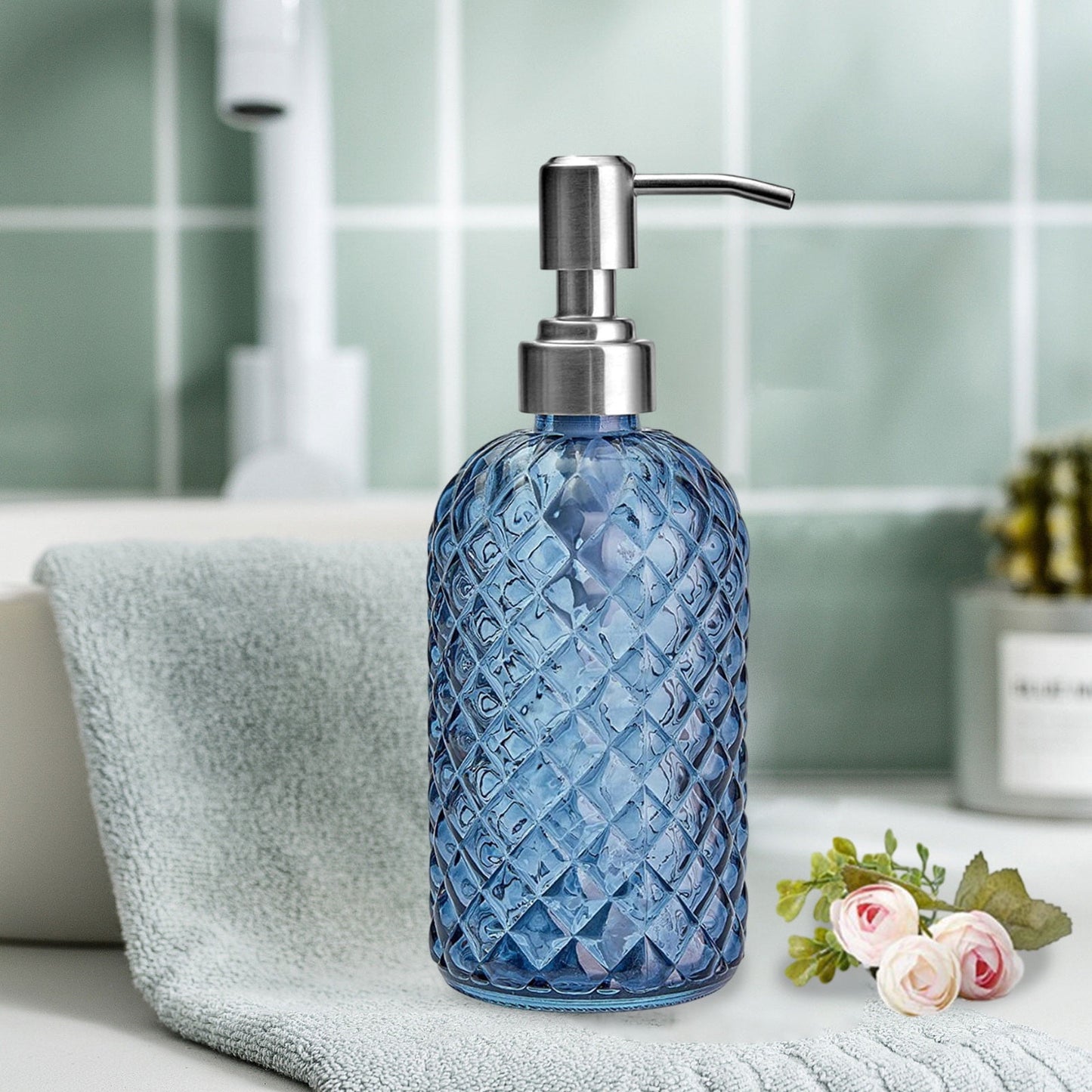 Darzheoy Glass Soap Dispenser 15 Oz for Bathroom Kitchen, Hand Soap/Lotion Dispenser with Plastic Pump Blue V1189-WXFWAL-20260326-02596