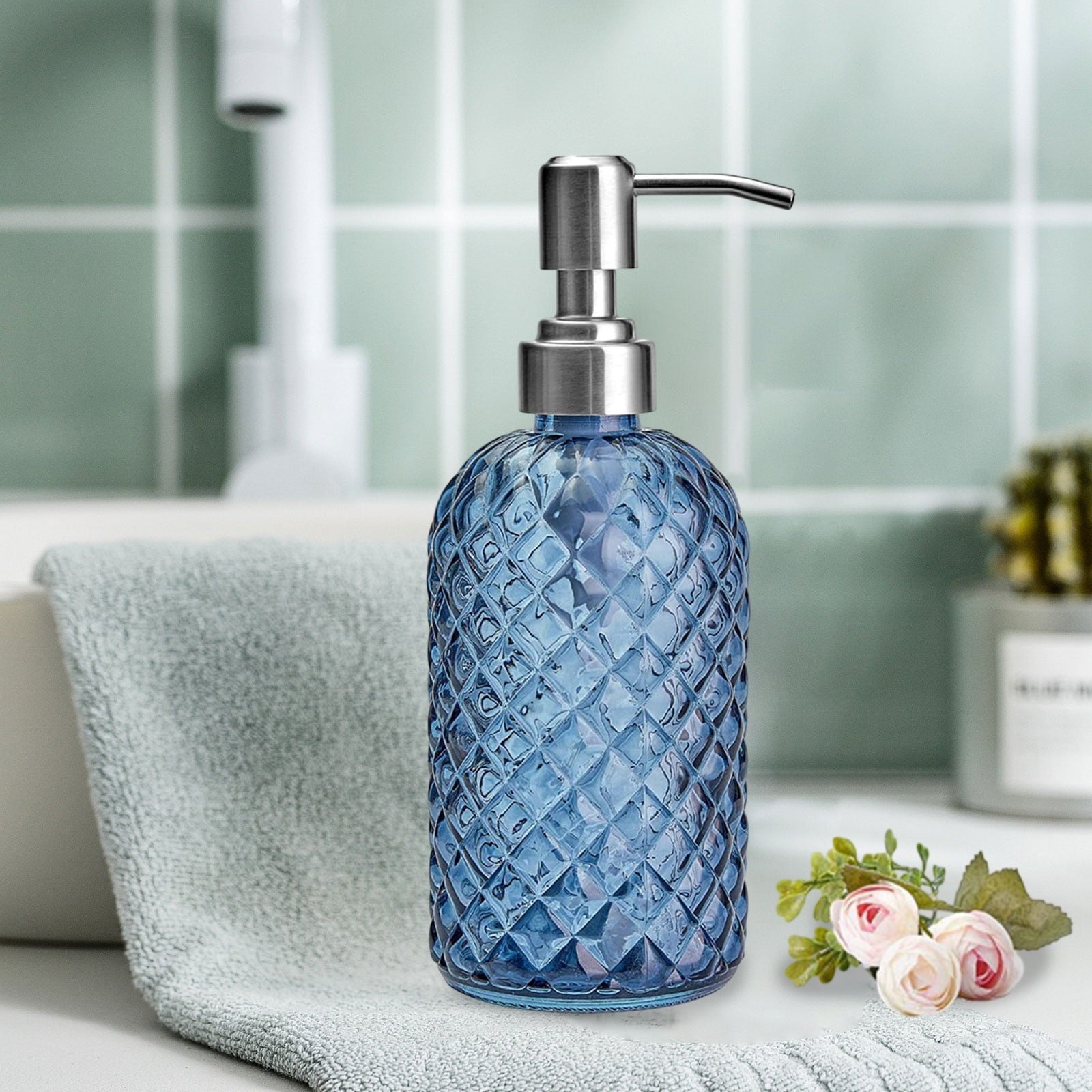 Darzheoy Glass Soap Dispenser 15 Oz for Bathroom Kitchen, Hand Soap/Lotion Dispenser with Plastic Pump Blue V1189-WXFWAL-20260326-02596