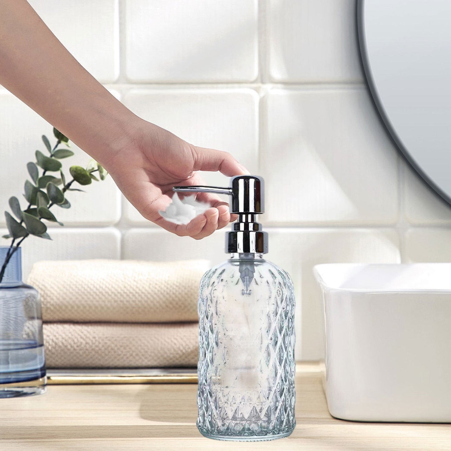 Darzheoy Glass Soap Dispenser 15 Oz for Bathroom Kitchen, Hand Soap/Lotion Dispenser with Plastic Pump White V1189-WXFWAL-20260326-02600