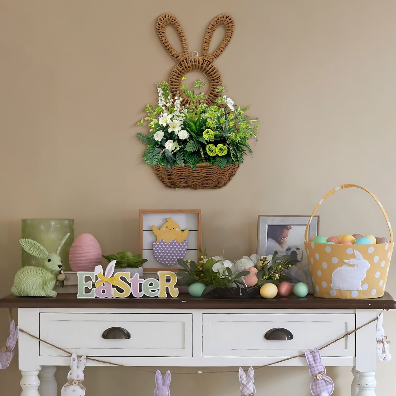 Darzheoy Bunny Basket Hanging Wall Pocket Spring Decor, Hand Woven Wicker Easter Basket, Wicker Easter V1189-WXFWAL-20260326-02677