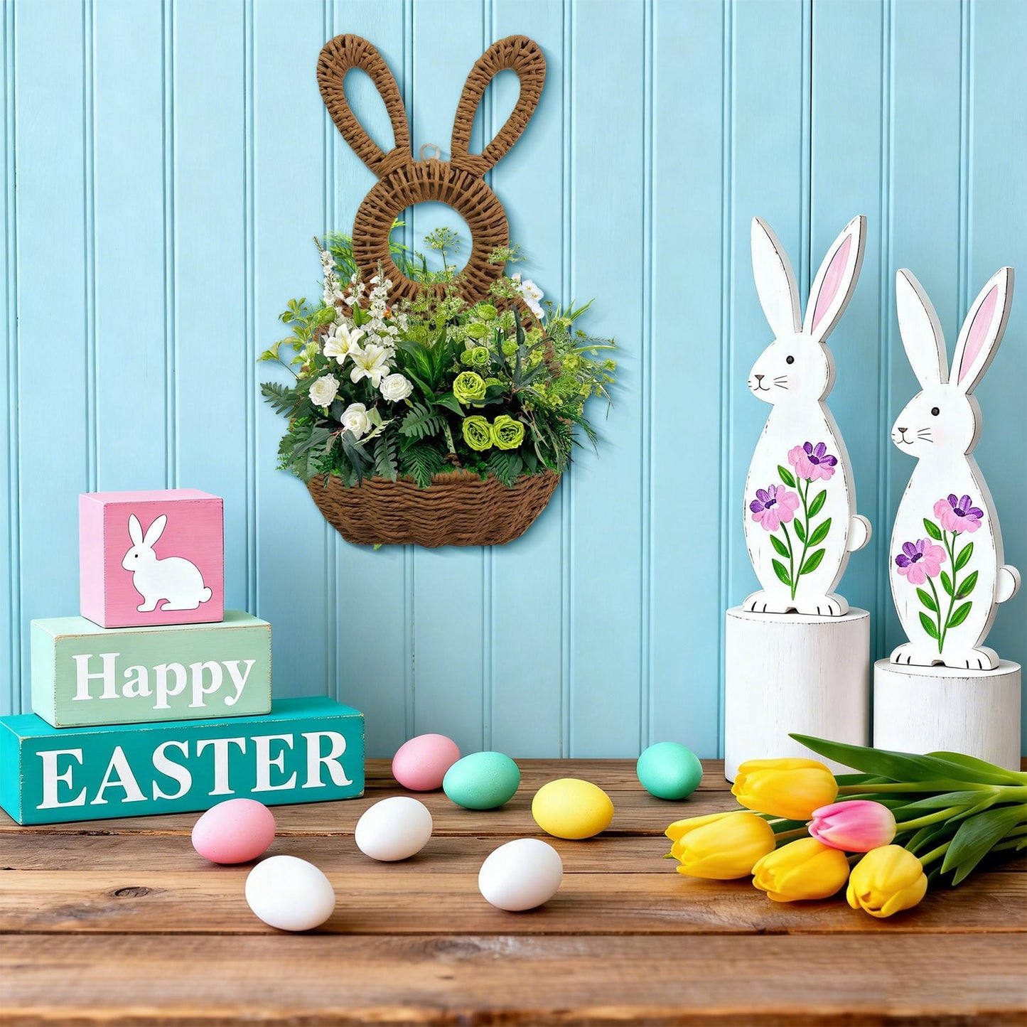Darzheoy Bunny Basket Hanging Wall Pocket Spring Decor, Hand Woven Wicker Easter Basket, Wicker Easter V1189-WXFWAL-20260326-02677