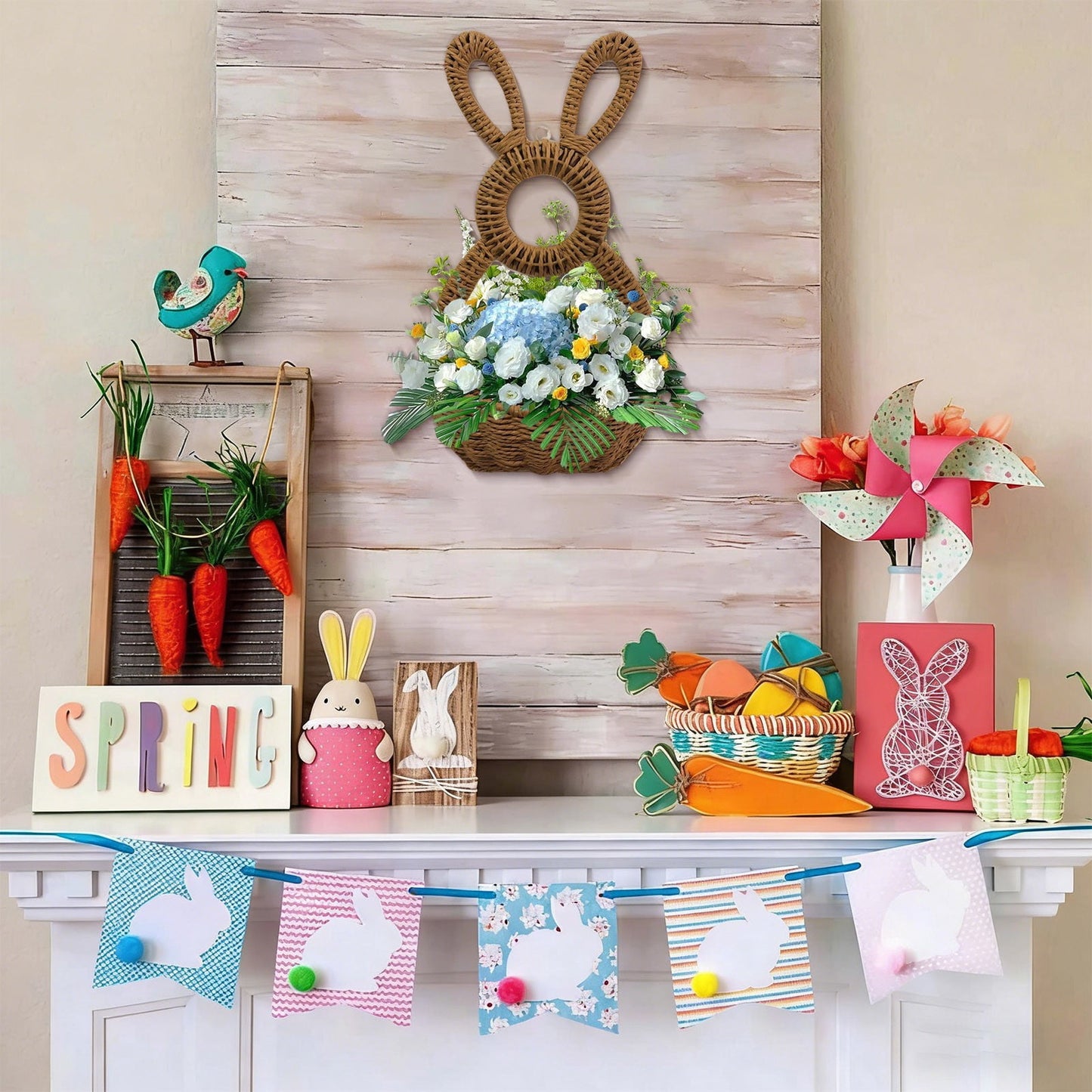 Darzheoy Bunny Basket Hanging Wall Pocket Spring Decor, Hand Woven Wicker Easter Basket, Wicker Easter V1189-WXFWAL-20260326-02677