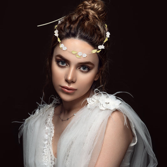 HOOWIFFY Lily of The Valley Floral Headband Golden Ribbon Design for Brides and Teens V1189-WXFWAL-20260326-02715