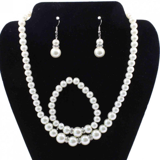 Bouanq Pearl Necklace and Earring Set Simulated Shell Pearls Round White Silver Pearl Stud Earrings Bracelets V1189-WXFWAL-20260326-03011