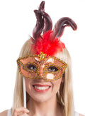Handheld Red Feather Gold Masquerade Mask V1191-E-07228