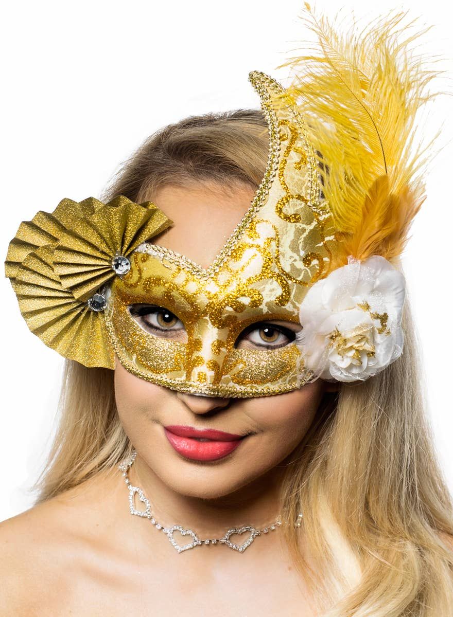 Elaborate Gold Fan Masquerade Mask V1191-E-CX-07141