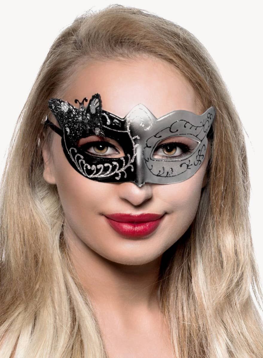 Butterfly Venetian Masquerade Mask in Black and Silver V1191-E-CX-07143