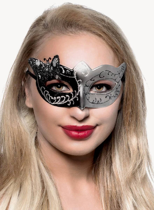 Butterfly Venetian Masquerade Mask in Black and Silver V1191-E-CX-07143