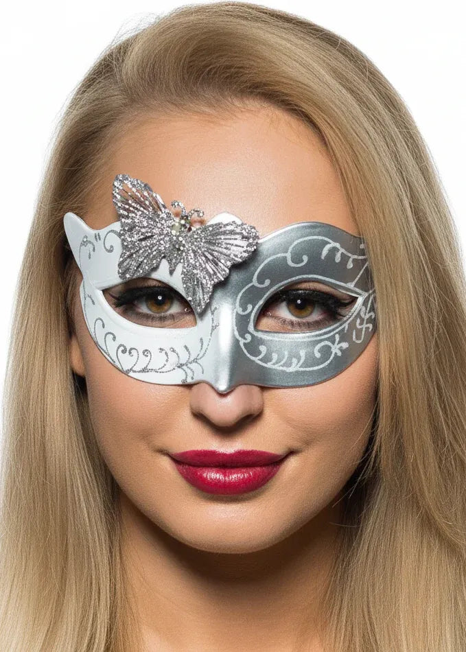 Butterfly Venetian Masquerade Mask in White and Silver V1191-E-CX-07144