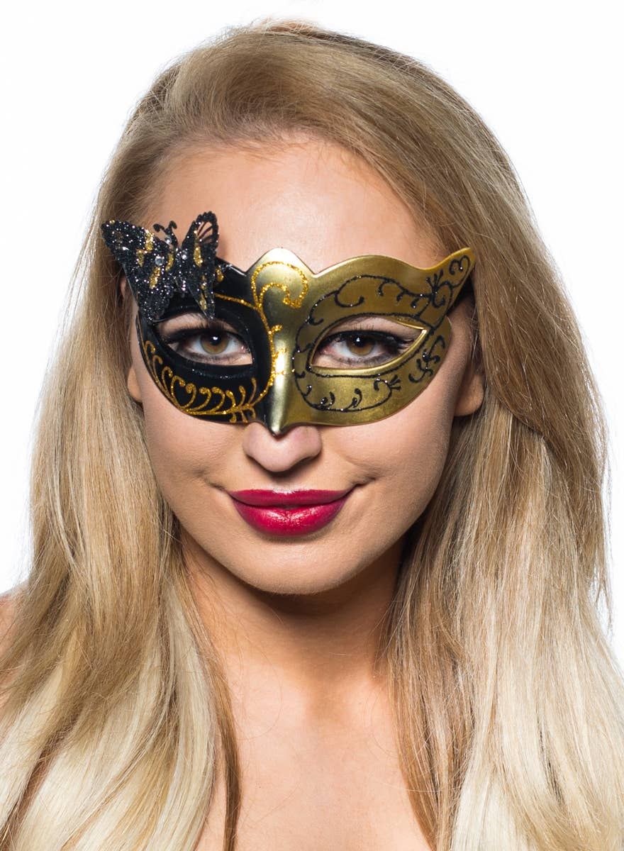 Butterfly Venetian Masquerade Mask in Black and Gold V1191-E-CX-07147