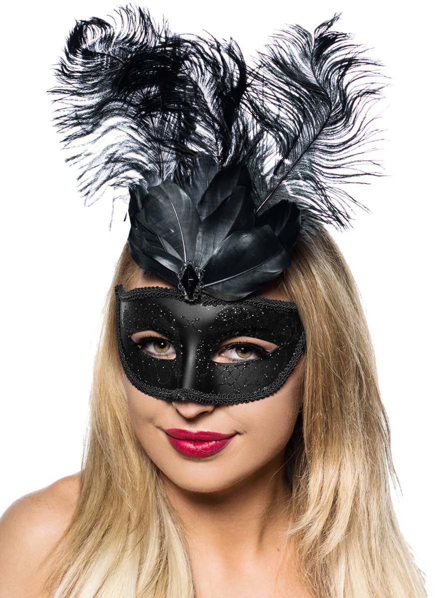 Elegant Tall Feather Black Masquerade Mask V1191-E-CX-07149
