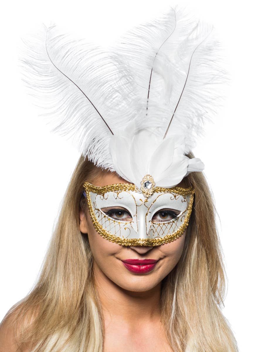 Elegant Tall Feather Masquerade Mask, White and Gold V1191-E-CX-07152