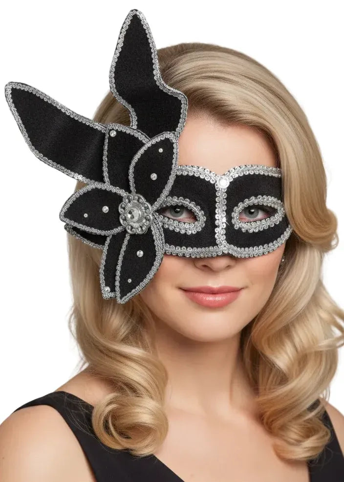 Luxury Elaborate Leaf Masquerade Mask, Black and Silver V1191-E-CX-07154