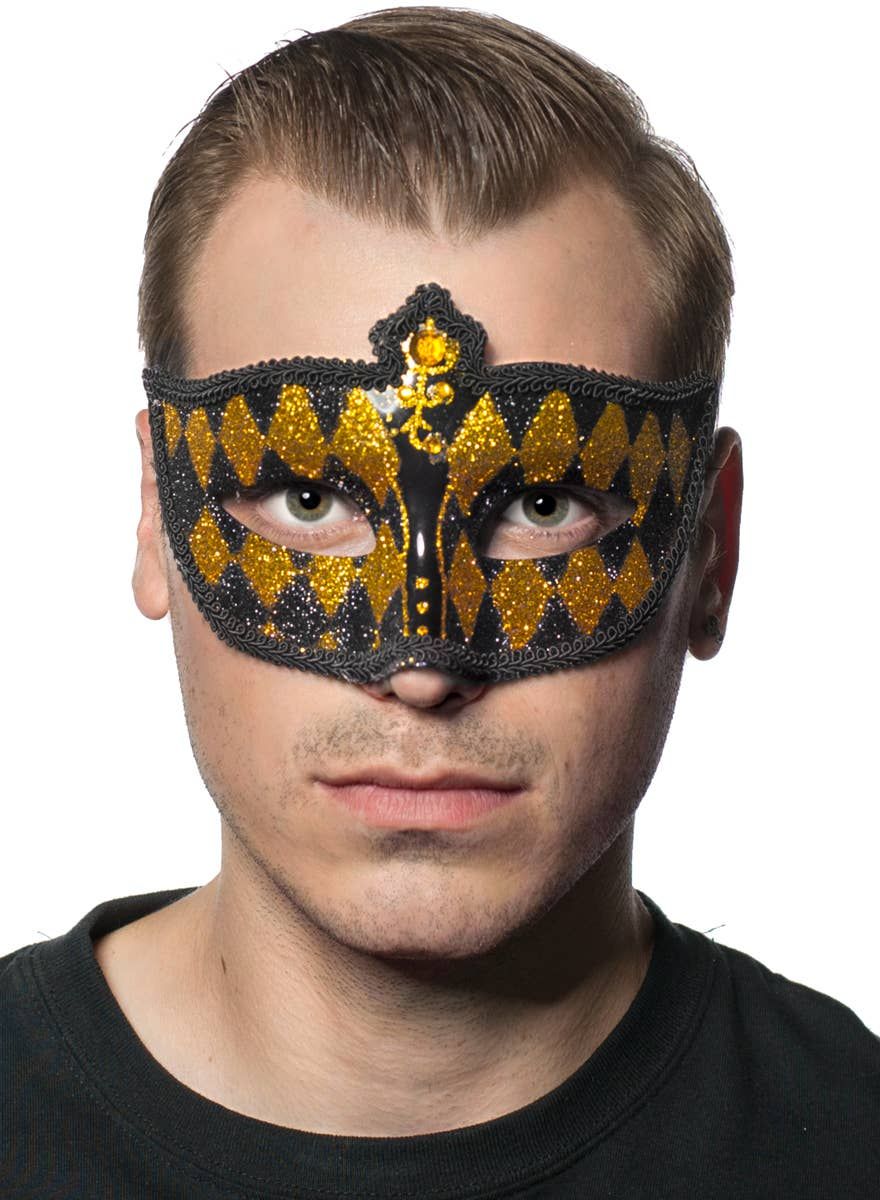 Harlequin Black and Gold Glitter Venetian Masquerade Mask V1191-E-CX-07156