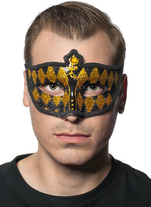 Harlequin Black and Gold Glitter Venetian Masquerade Mask V1191-E-CX-07156