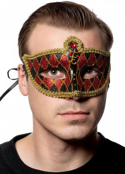 Harlequin Black and Red Glitter Venetian Masquerade Mask V1191-E-CX-07157