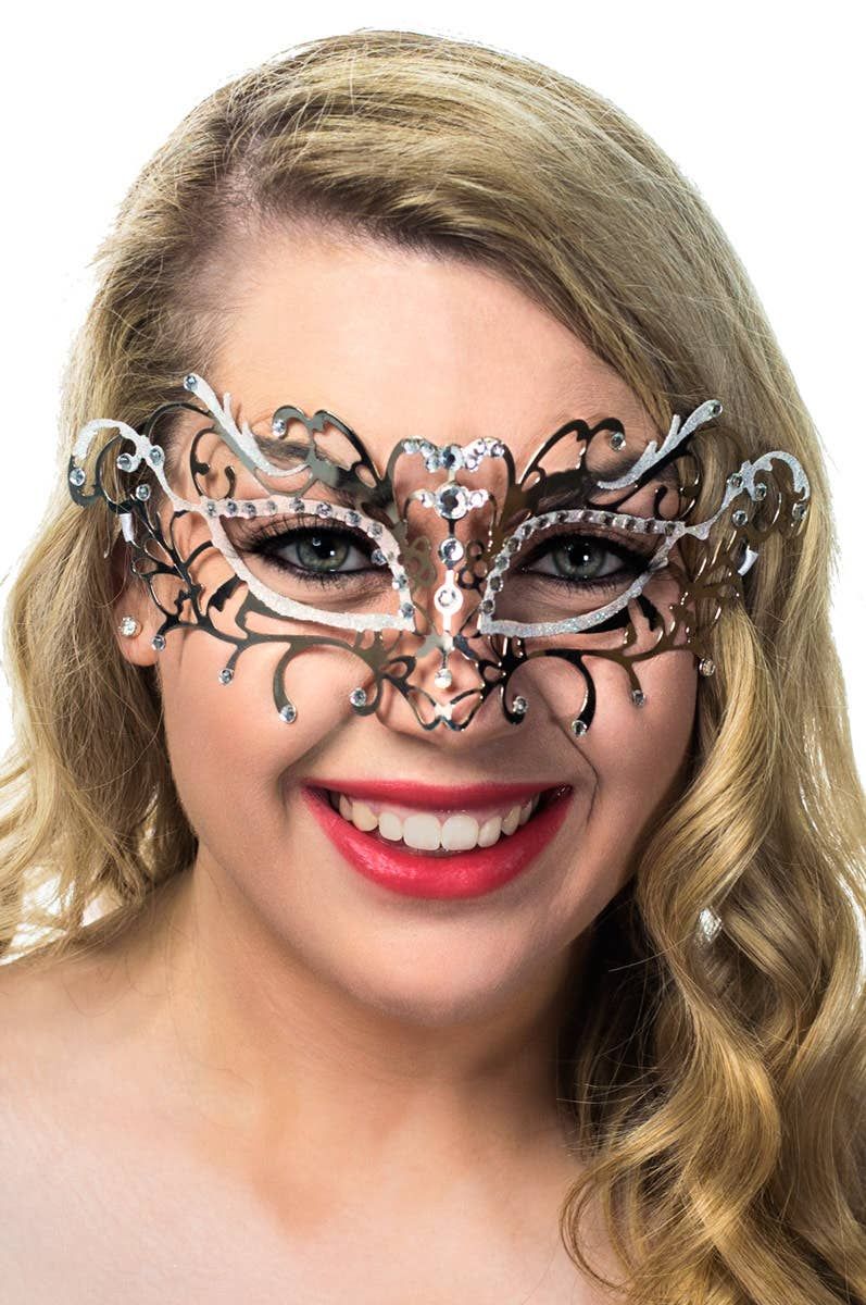 Antique Deluxe Silver and White Metal Masquerade Mask V1191-E-CX-07174