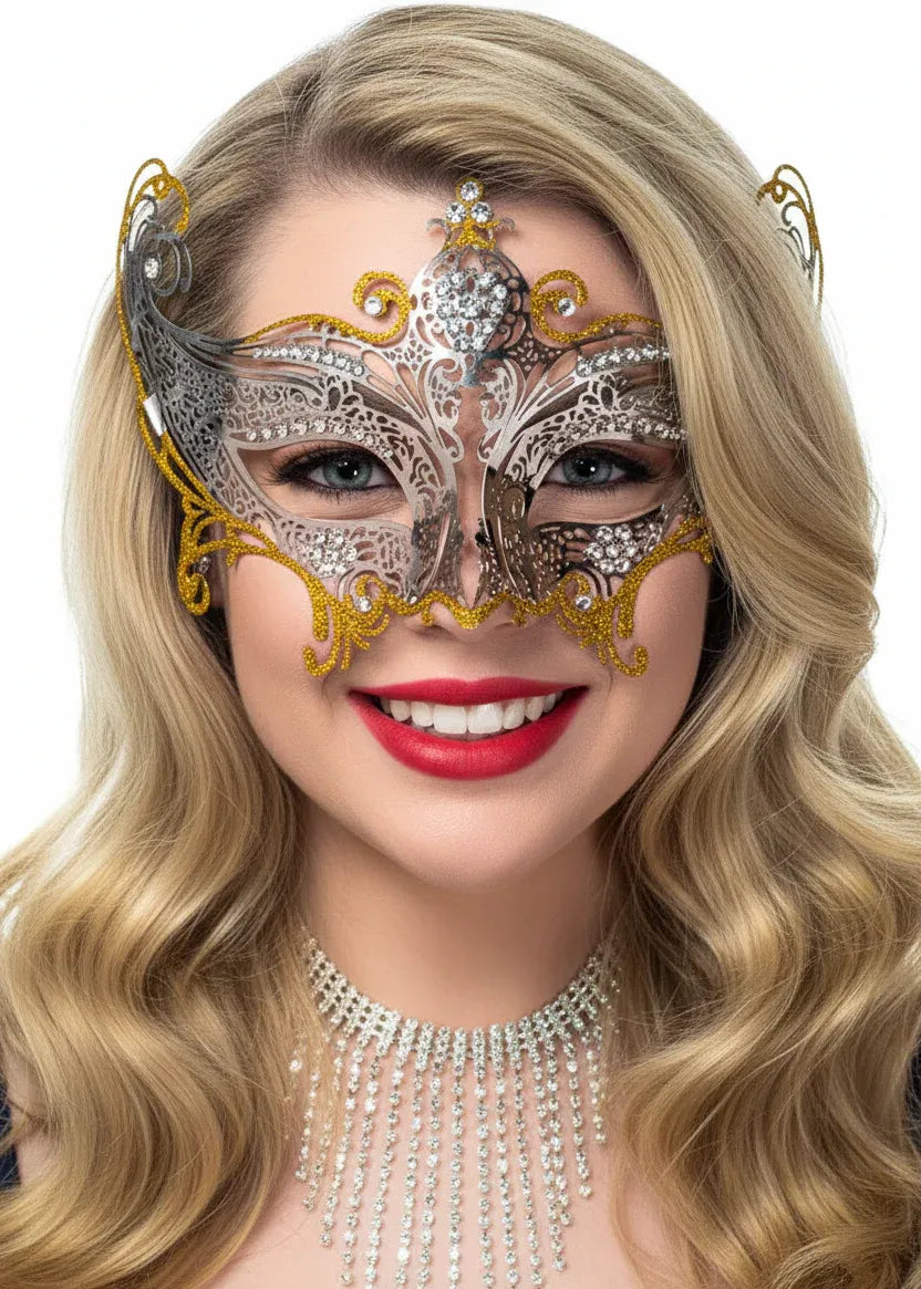 Divine Silver and Gold Metal Lace Masquerade Mask V1191-E-CX-07179